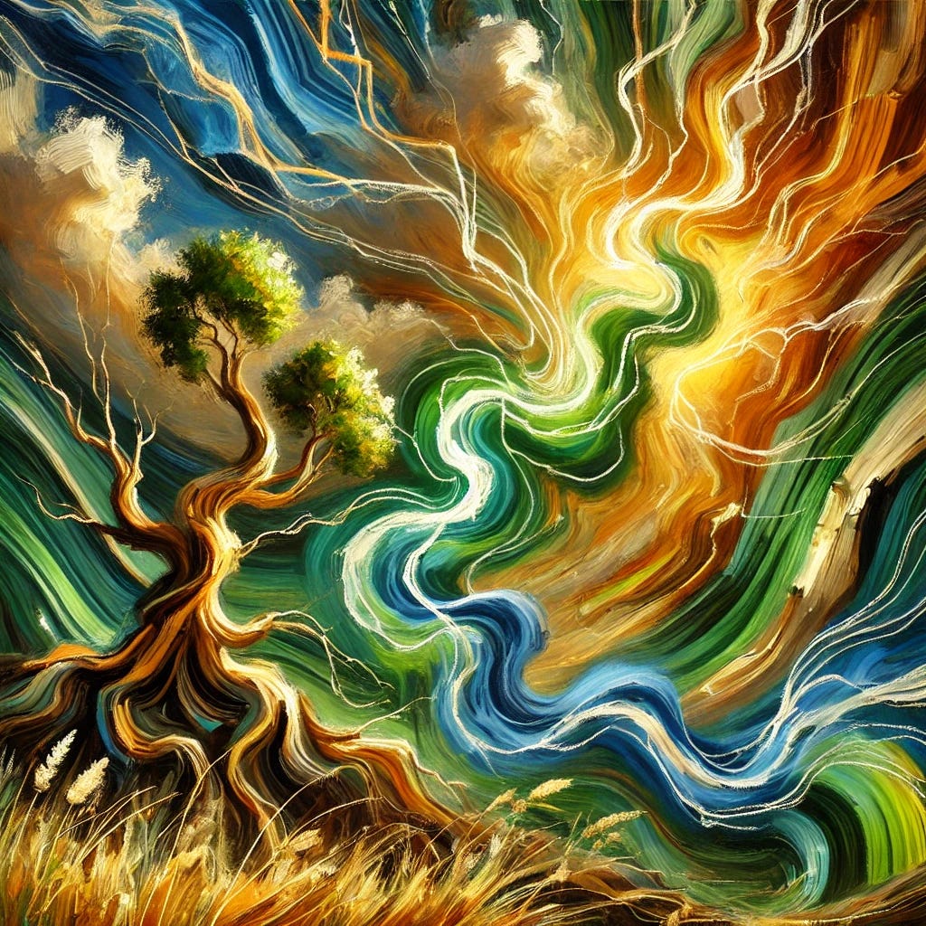 An expressive oil painting style image with bold and vibrant strokes inspired by the concept of earthing, connecting the human body with the Earth's surface. The image portrays natural elements like grass, soil, and roots intertwining with abstract representations of energy flow, symbolizing the flow of electrons and the natural electrical connection between the Earth and living organisms. Bright earthy tones of green, brown, and gold contrast with dynamic waves of energy represented by electric blue and soft white, all set against a glowing natural background.