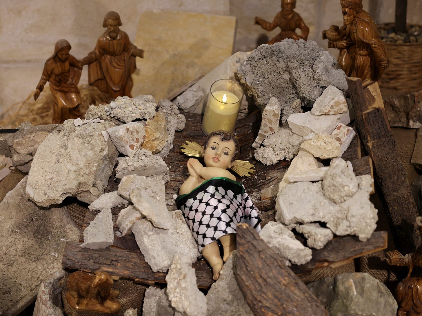 Nativity scene places baby Jesus in rubble