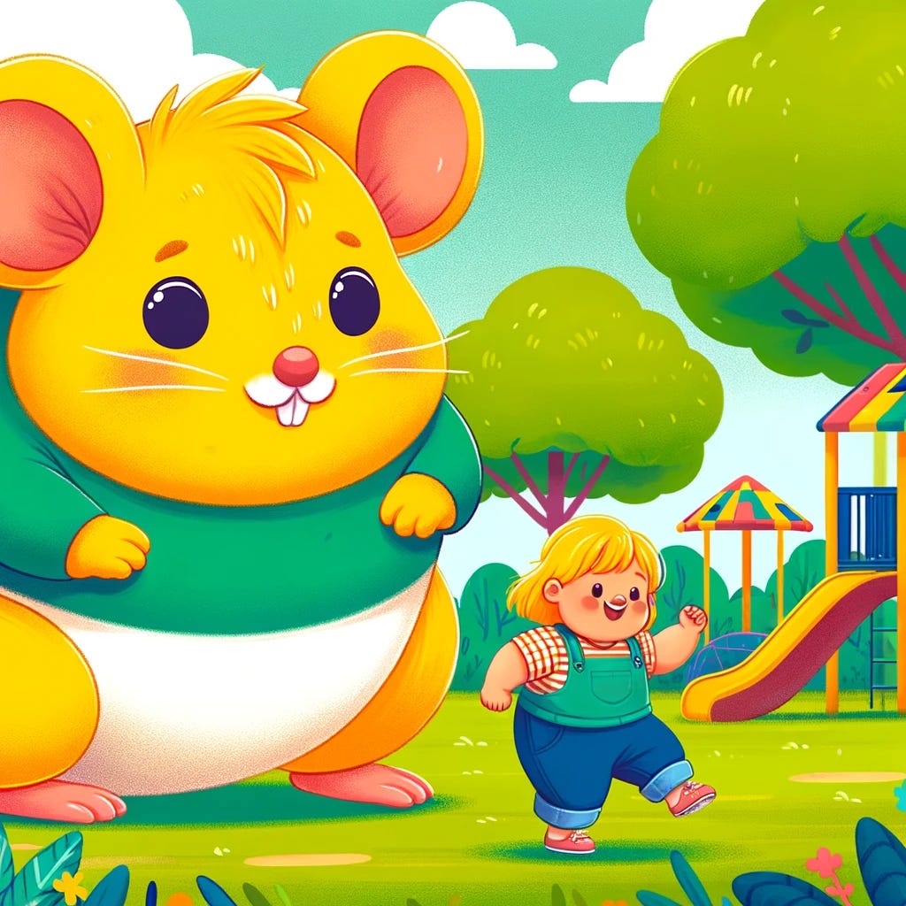 A fat yellow mouse and a chubby girl playing together in a park. The mouse is cartoonish, with vibrant yellow fur, and the girl is cheerful, wearing colorful casual clothes. They are in a lively park setting, with green grass, trees, and playground equipment in the background. The scene is joyful, capturing a moment of fun and friendship between the girl and the oversized, adorable mouse.
