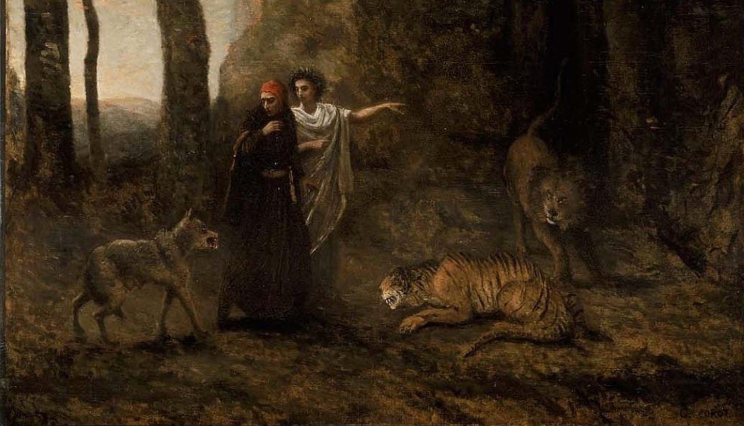 In a classical painting, Virgil guides Dante away from beasts in the woods and toward the next stop of their journey in the afterlife
