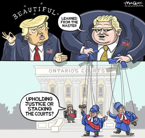 Doug Ford's plan to appoint "like-minded" judges, criticized for its partisanship, raises concerns of compromising the independence of the Canadian judiciary, paralleling trends observed during the Trump administration in the U.S.