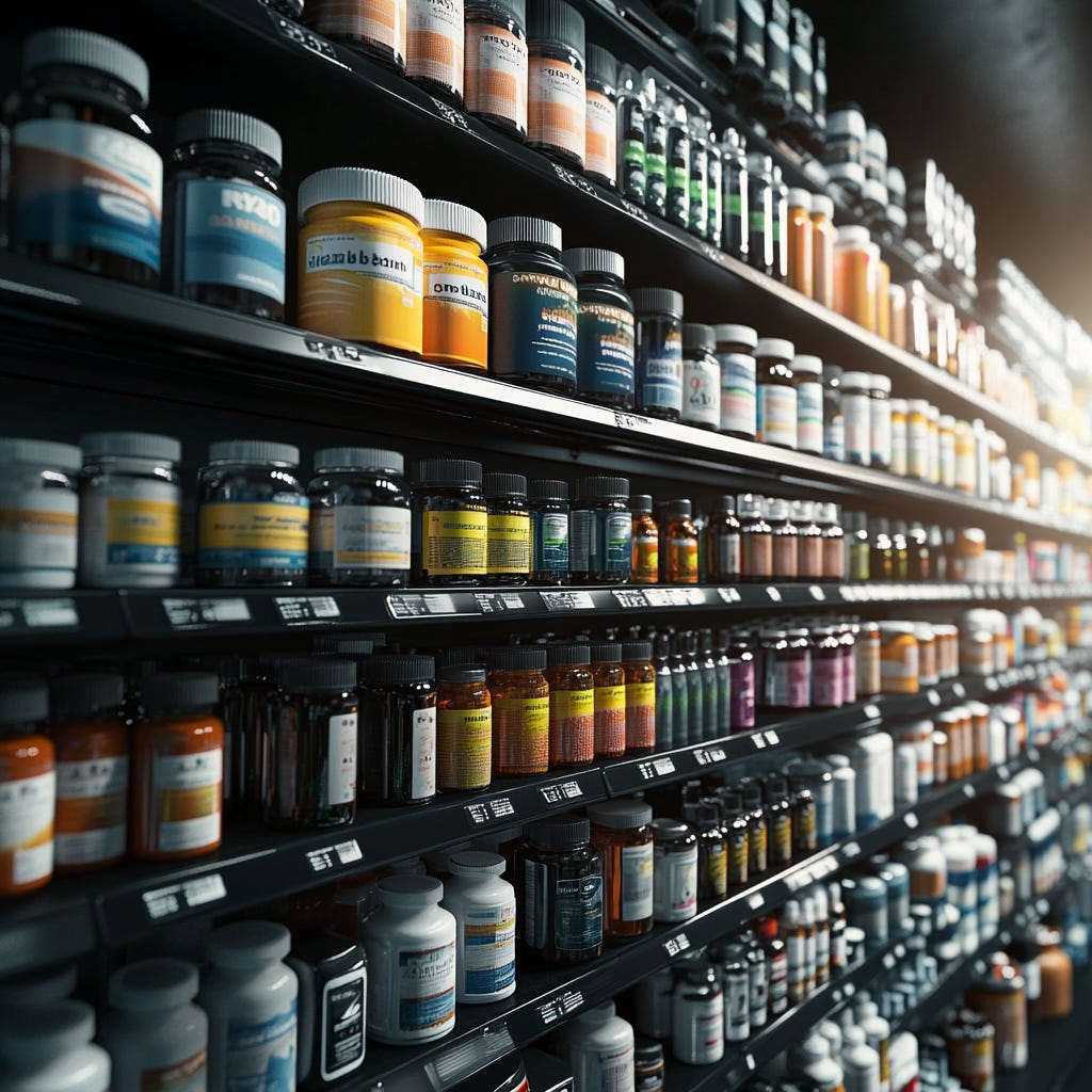 A full shelf of sports supplements.
