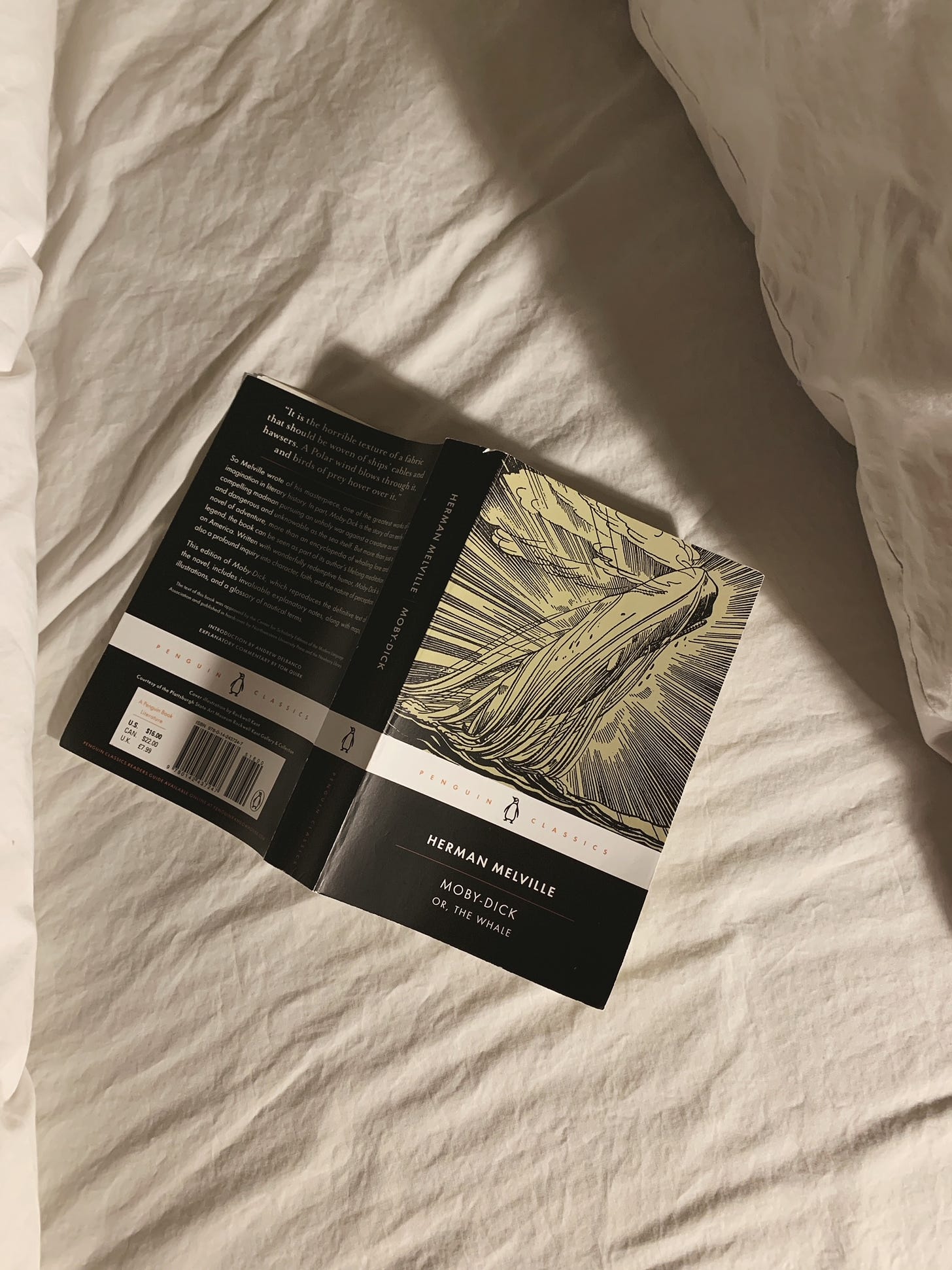 a book lays open on a bed, with over visible; the book is Moby-Dick by Herman Melville.