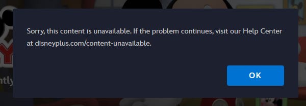 Tela de mensagem avisando que o conteúdo não está disponível no Disney+