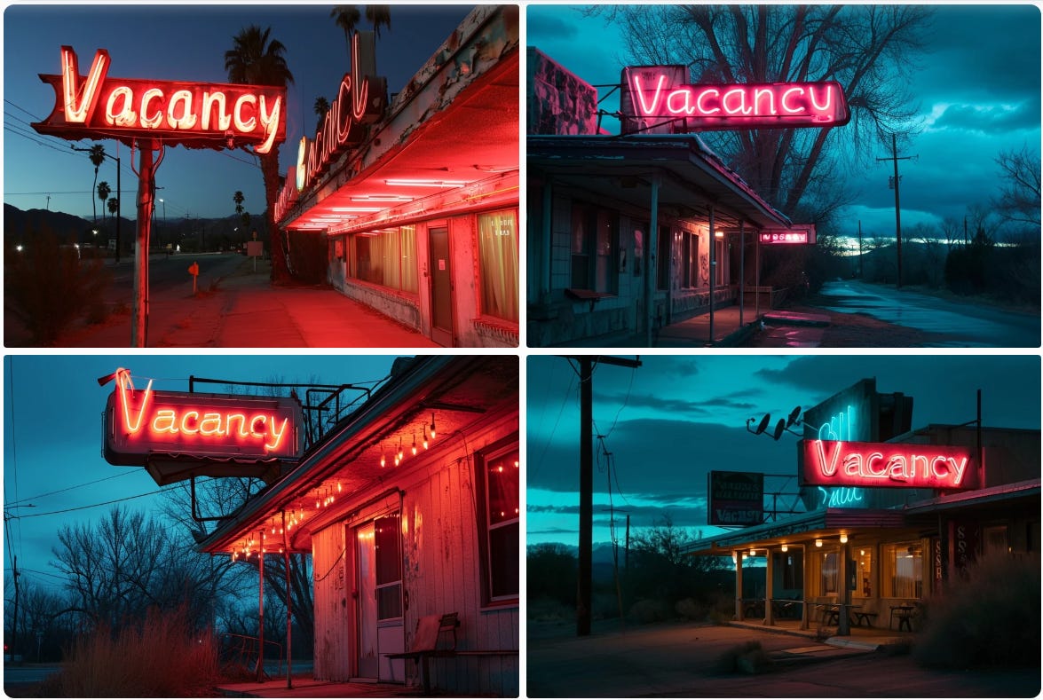 Neon sign by a shady motel that says "Vacancy" MJ V6 grid