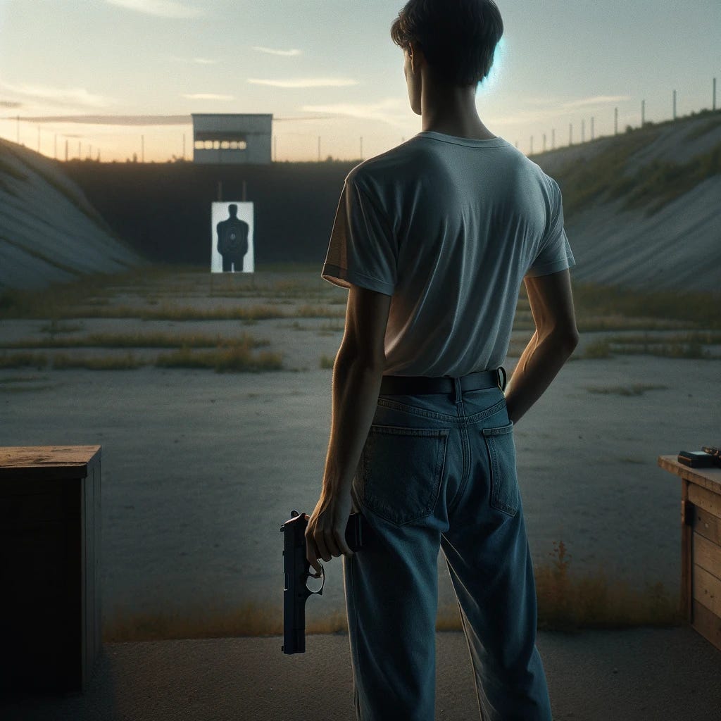 An image showcasing a person in plain clothes, embodying a casual, relaxed demeanor. The individual stands at an outdoor shooting range at dusk, wearing a simple outfit consisting of jeans and a plain t-shirt. The mood is calm, with the person holding a matte black pistol at their hip, their attention riveted on a single target that is almost a speck in the distance due to its far-off placement. The background emphasizes the vast, open space of the range, with the target standing alone, highlighted against the fading light of the sunset. The environment is minimalistic, focusing on the expanse between the shooter and the target, underlining the challenge of the shot. The setting sun casts a soft glow, creating a serene atmosphere and long, gentle shadows that stretch across the ground, adding depth and a sense of tranquility to the scene. Photography style: Realistic, with a depth of field that brings the subject into clear focus while gently blurring the distant target, accentuating the distance. Camera settings aim for clarity and detail with a touch of artistic blur for the background, using a DSLR camera equipped with a standard lens to capture the simplicity and focus of the moment.