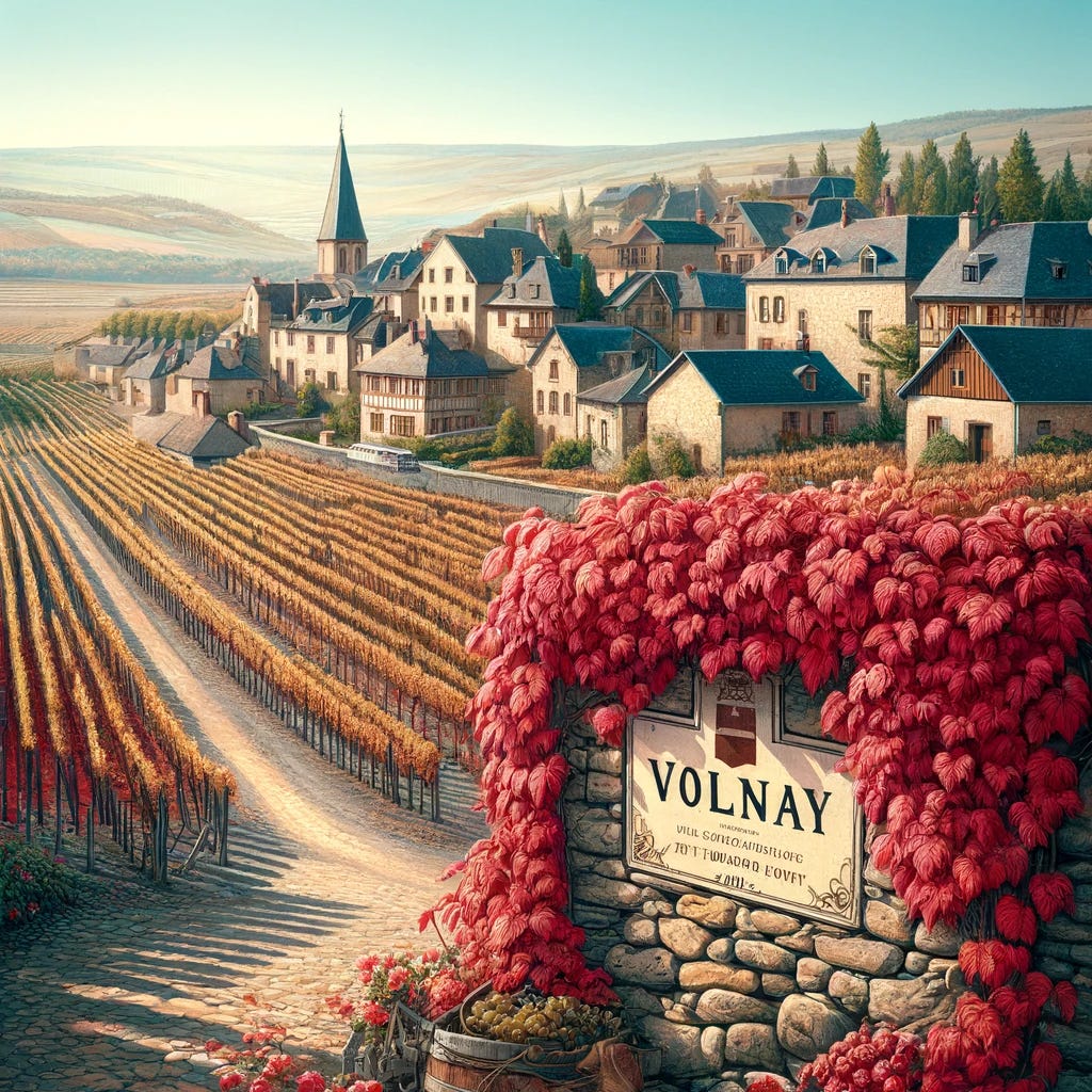 Create a stylized image inspired by the provided photo of Volnay in France. The image should depict the charming characteristics of the small wine village with a more artistic touch. Include a stone wall in the foreground covered partially by red-leafed vines, with the 'Volnay' sign prominently displayed. Beyond the wall, there should be rows of bare vineyards ready for the season, and the background should feature the quaint homes and buildings of the village. The scene is set under a clear blue sky, highlighting the peaceful atmosphere of the region.