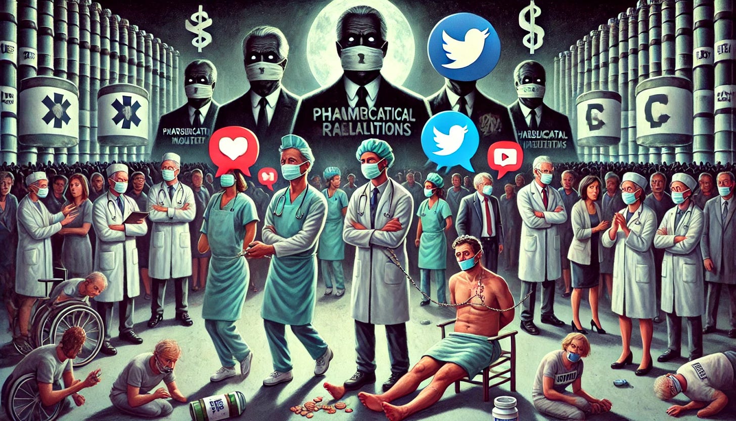 A visual representation of a coordinated campaign involving censorship, deplatforming, and professional retaliation against healthcare workers. Depict a scene where large, shadowy figures representing corporations and public relations firms loom over healthcare workers. These workers are being silenced with censored speech bubbles or muzzles while social media icons are used to deplatform them. The scene should show pharmaceutical money flowing into the hands of these corporations. In the background, portray broken trust with the public looking confused and distrusting. The overall tone should feel oppressive and tense.