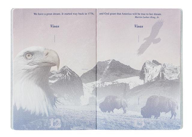 a passport with a picture of an eagle and buffalo