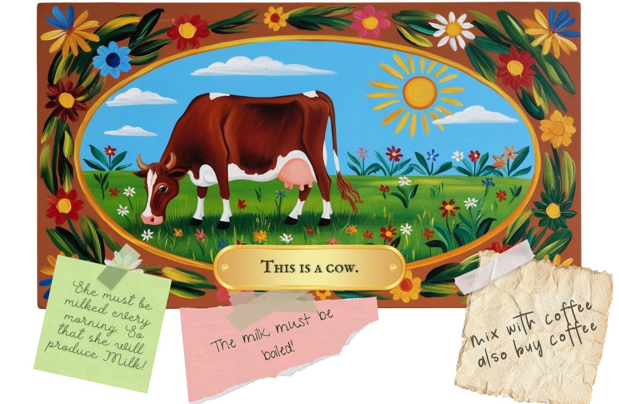 A colorful, folk-art style illustration of a cow standing in a grassy field with wildflowers under a sunny blue sky. The scene is framed by a border of vibrant flowers and leaves. Below the image, there is a gold name plate which reads, "This is a cow". There are three handwritten notes taped to the image: one says, "She must be milked every morning so that she will produce milk!"; another says, "The milk must be boiled!"; and the third says, "Mix with coffee, also buy coffee".