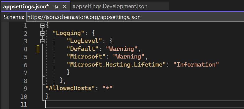 Screenshot of appsettings.json 'logging' settings