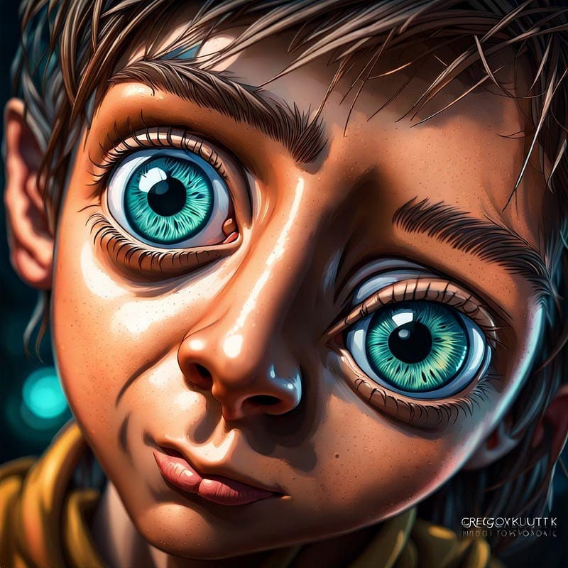 Boys face, 2 large eyes hyperealistic.