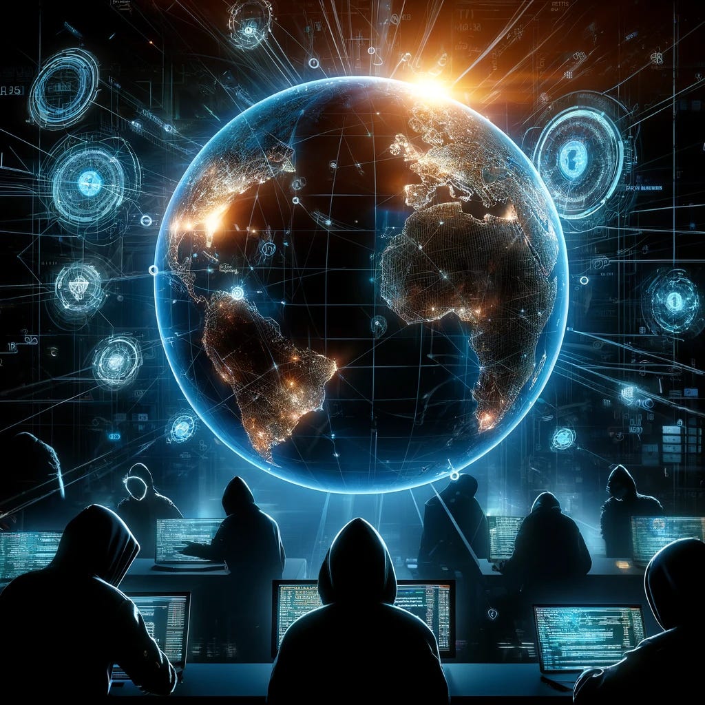 A dramatic and intense scene depicting the global rise in cyber extortion. The image shows a large digital globe illuminated by various glowing lines and nodes symbolizing global connectivity. Around the globe, silhouettes of hackers with hoodies are partially visible, interacting with the network. Foreground elements include digital screens displaying ransomware codes and alerts. The atmosphere is dark and ominous, conveying the serious and widespread impact of cyber threats.
