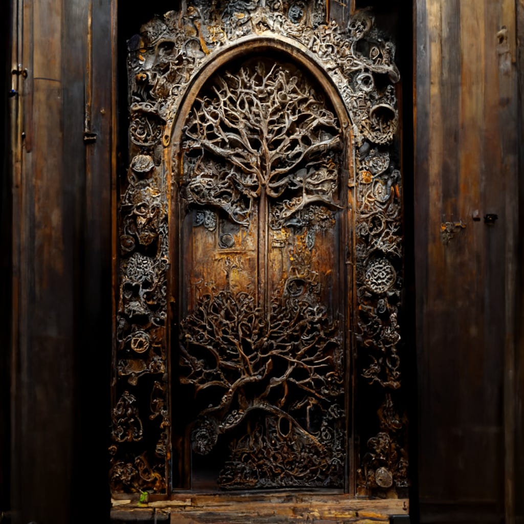 Midjourney prompt: heavy ornate door, made of live vines - PromptHero