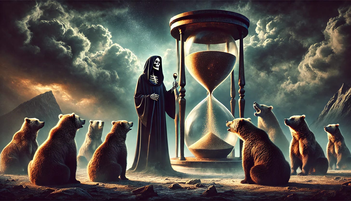 A surreal scene where Death, depicted as a skeletal figure in a dark robe, stands with a council of Grizzly bears around a giant hourglass. The hourglass is massive, with sand slowly trickling down, symbolizing the passage of time. The Grizzly bears sit solemnly, observing the hourglass with a sense of gravity and contemplation. The background is an eerie, twilight landscape with a mix of dark clouds and a dim, setting sun. The atmosphere is mystical and foreboding.