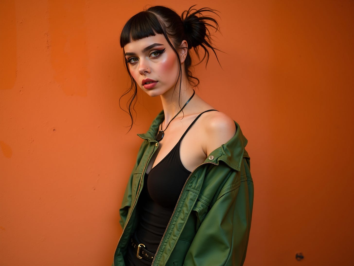 A woman with bangs and a messy bun is standing in front of an orange wall