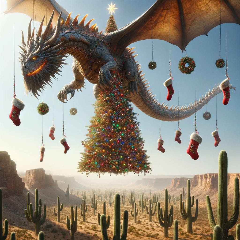 "The same epic scene of a gigantic water dragon flying through the sky, but now with a festive twist. On the desert ecosystem on the dragon's back, there's a large, beautifully decorated Christmas tree, shining with lights and ornaments. Nearby, several Christmas stockings are hung with care on the branches of a cactus, blending the holiday spirit with the desert environment. The scene creates a unique and whimsical combination of a traditional Christmas setting in an extraordinary fantastical context."