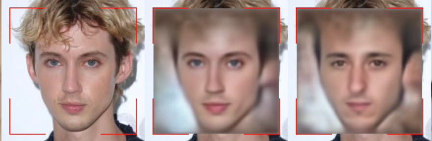The image is a series of three faces in a row, each enclosed in a red outline. The leftmost image is clear and appears to be a photo of a person with blue eyes and dark hair, Troye Sivan. The middle and right images are blurred and seem to be the result of a face-swapping process. These images likely represent different stages of a face swap, showing the transition from the original face to the altered one. The blurring suggests an intermediate step in the face-swapping process.