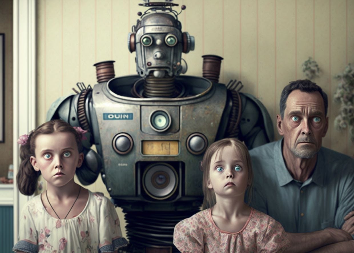 A disturbed family poses for a photo with a robot behind them