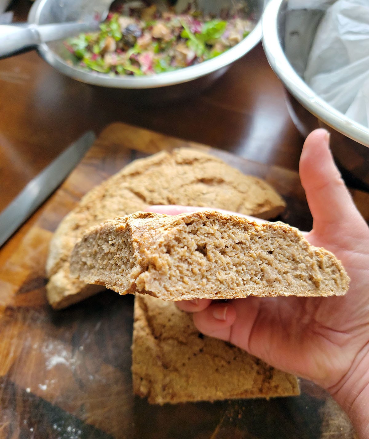 A slice of Finnish rye bread, showing the crumb.