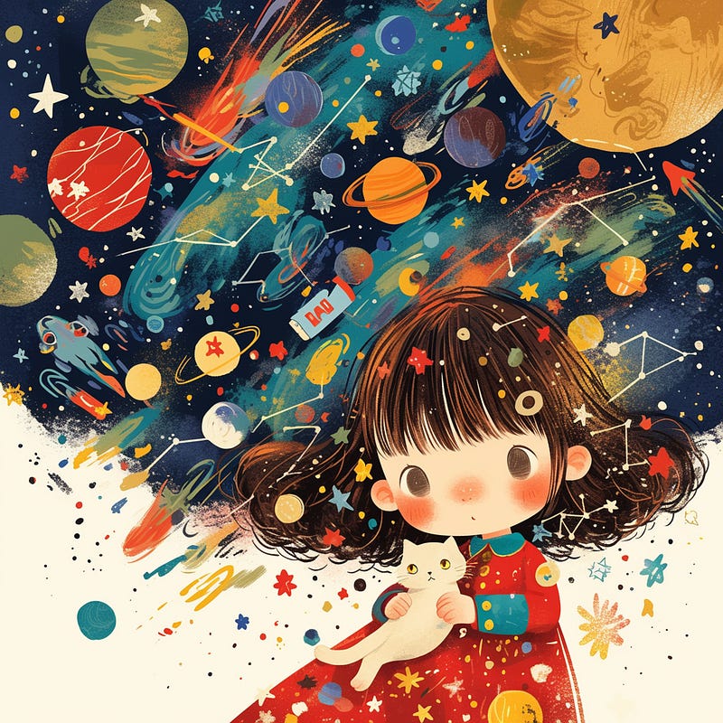 Girl with cat playing with stars