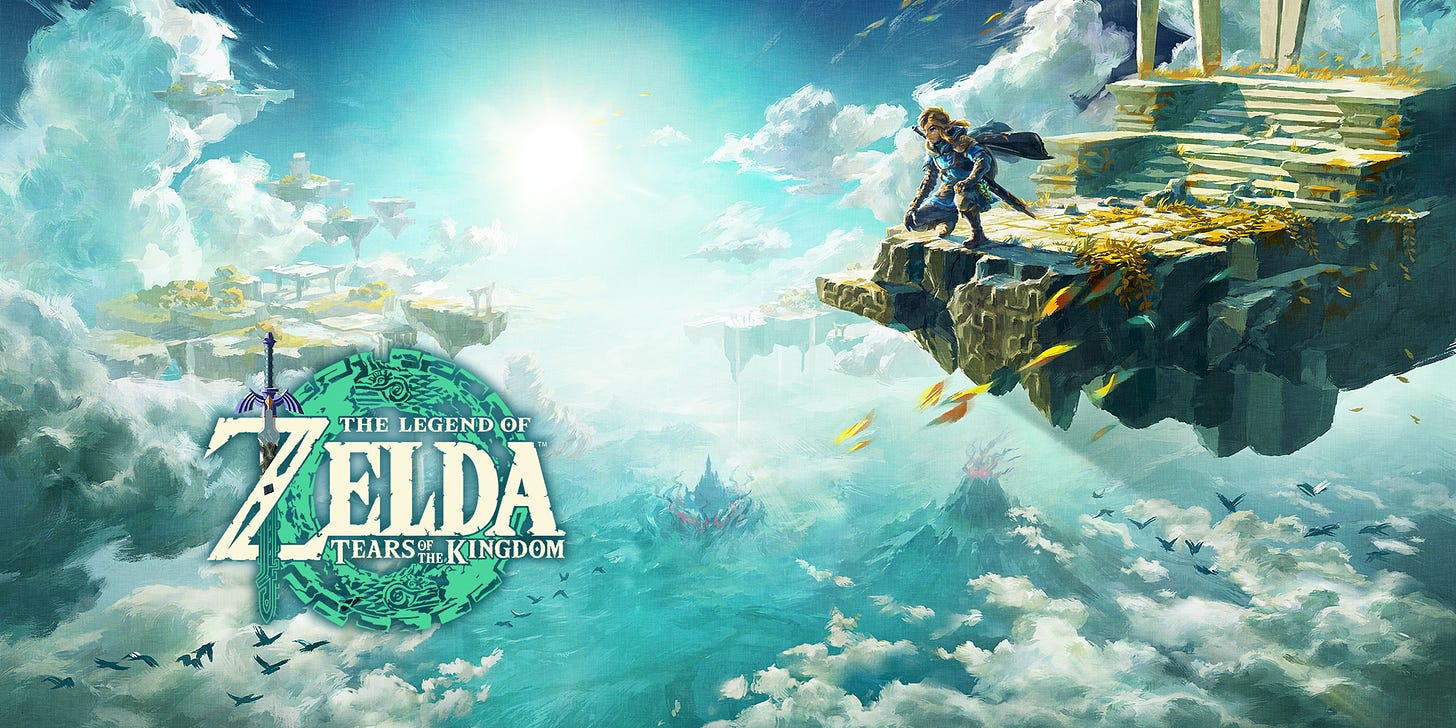 Front cover of Tears of the Kingdom where Link is sitting on the edge of a Sky Island