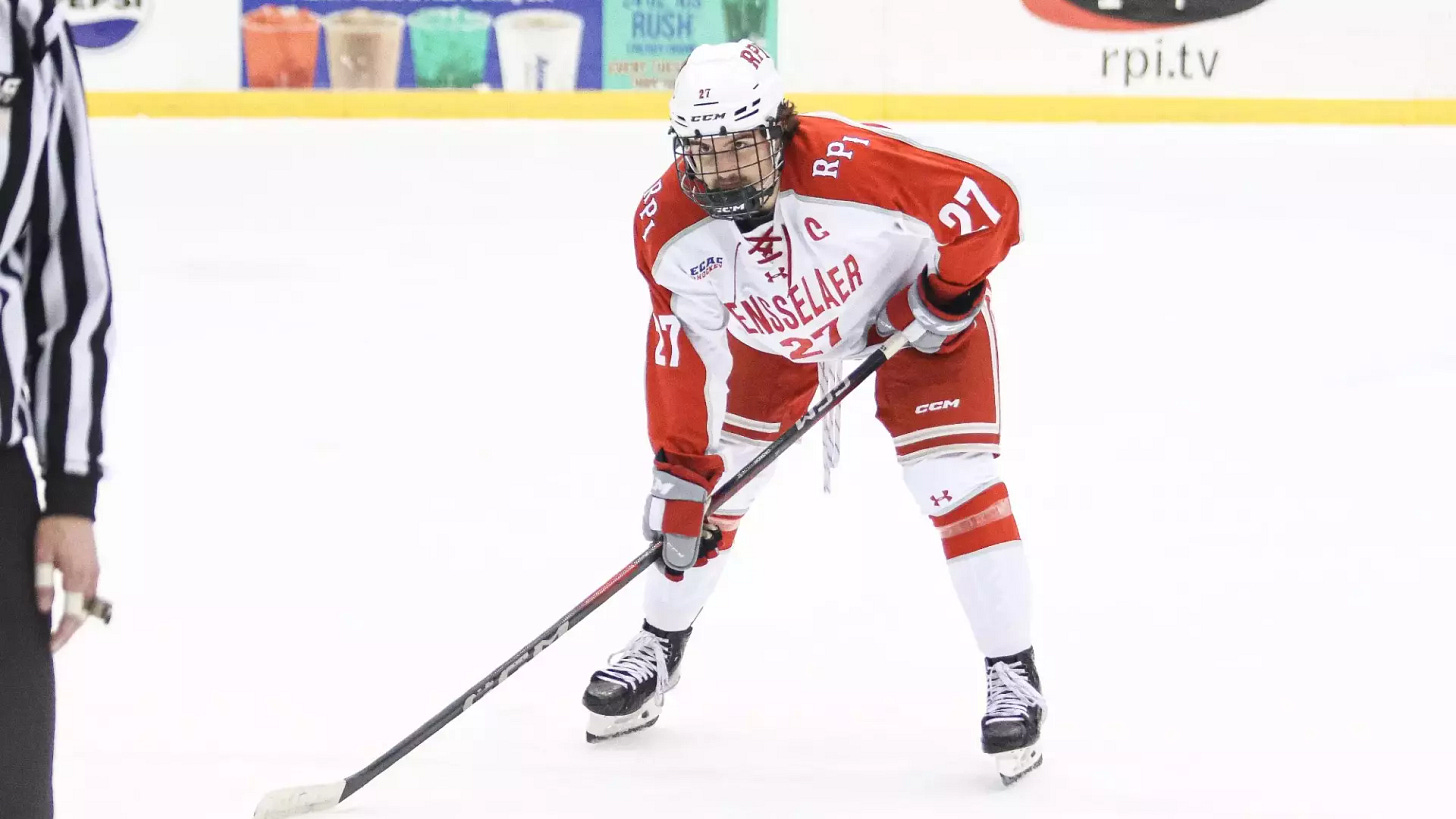 Jake Gagnon of RPI Men's Hockey in action on Friday November 15 against Clarkson University in Troy, New York