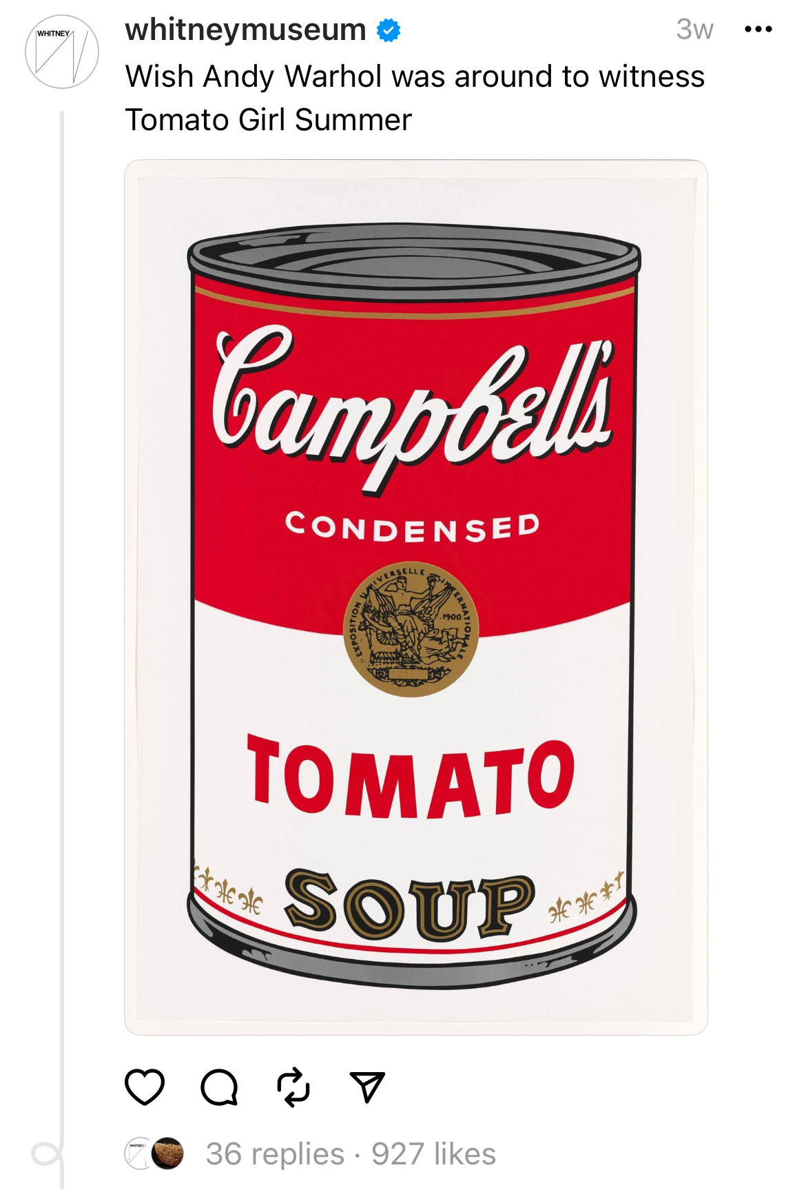 Post that says "Wish Andy Warhol was around to witness Tomato Girl Summer" with his famous canned tomato soup art
