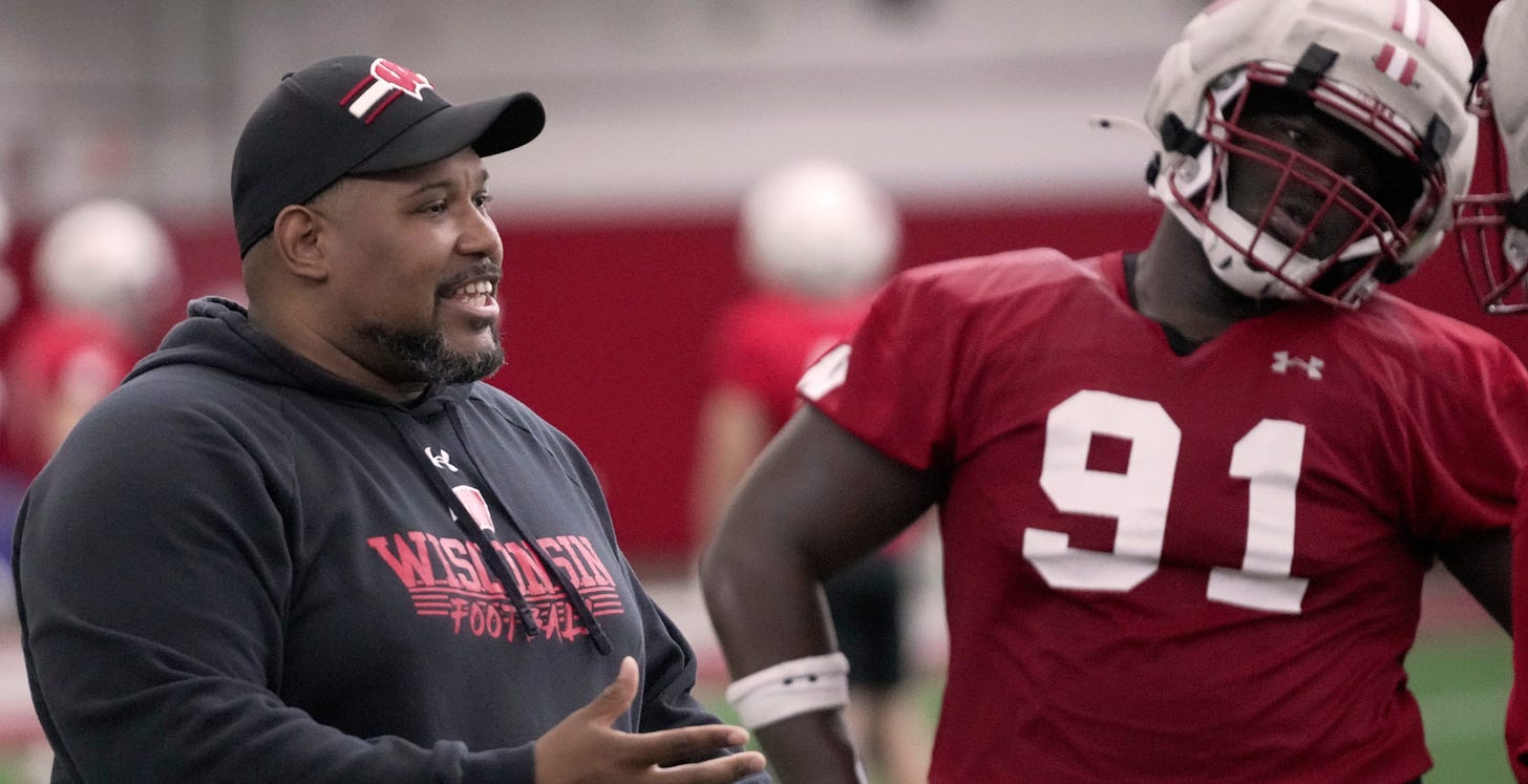 Wisconsin Badgers defensive line coach E.J. Whitlow is shown during spring football practice at the McClain Center