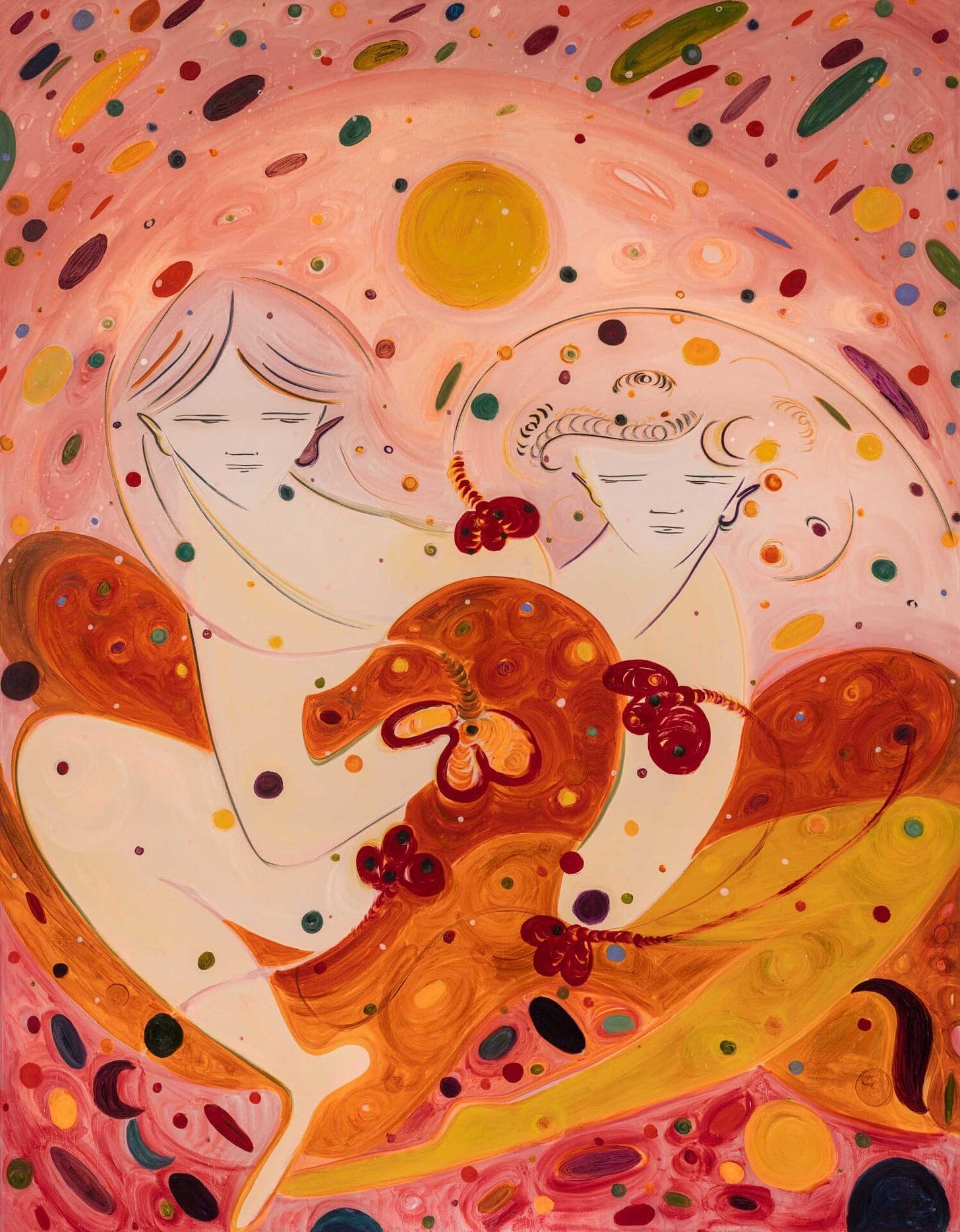 A colorful, abstract oil painting of two figures in front of an orange background with colorful spots and dashes.