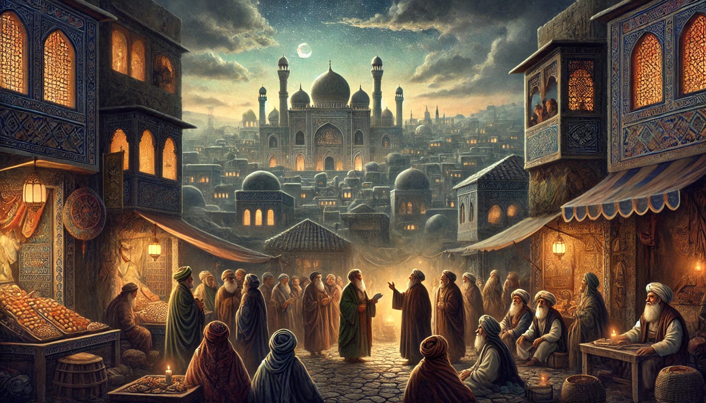 A detailed and atmospheric landscape illustration representing a scene inspired by Machado de Assis's story 'O Segredo do Bonzo.' The scene is set in an ancient, mystical Eastern-inspired city with narrow streets, filled with curious townsfolk gathering around philosophers and sages. In the background, a grand temple with intricate carvings stands on a hill under a twilight sky. The characters have expressive faces and wear traditional robes. The mood is contemplative, with hints of irony and mystery reflecting the philosophical tone of the story. Include subtle references to exotic elements, such as traditional market stalls, lanterns, and a gentle glow highlighting the gathering. Format: landscape, 1792x1024.