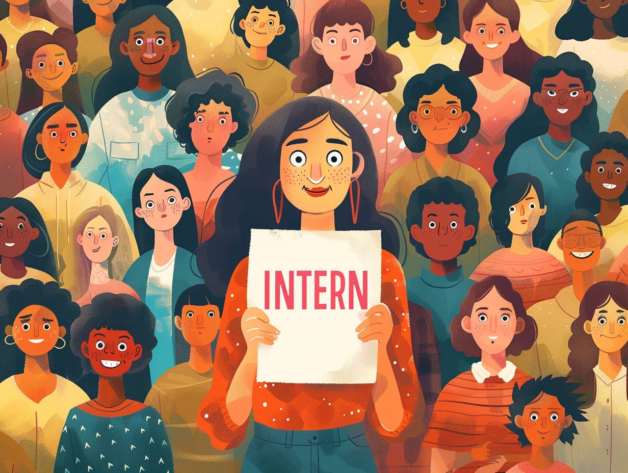 multi-ethnic middle-aged person holding a poster with the words, "INTERN". They are standing in front of a sea of multi-gender, multi-ethnic, business people who have a variety of emotions