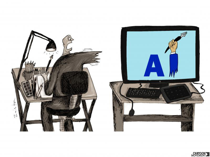 Cartoon showing an artist at a drawing table. He has lost his drawing arm and is looking back in consternation  at a computer monitor standing behind him. On the monitor wee see the letters AI. The ‘I’ is spelled using the arm or the artist, still holding a pencil.