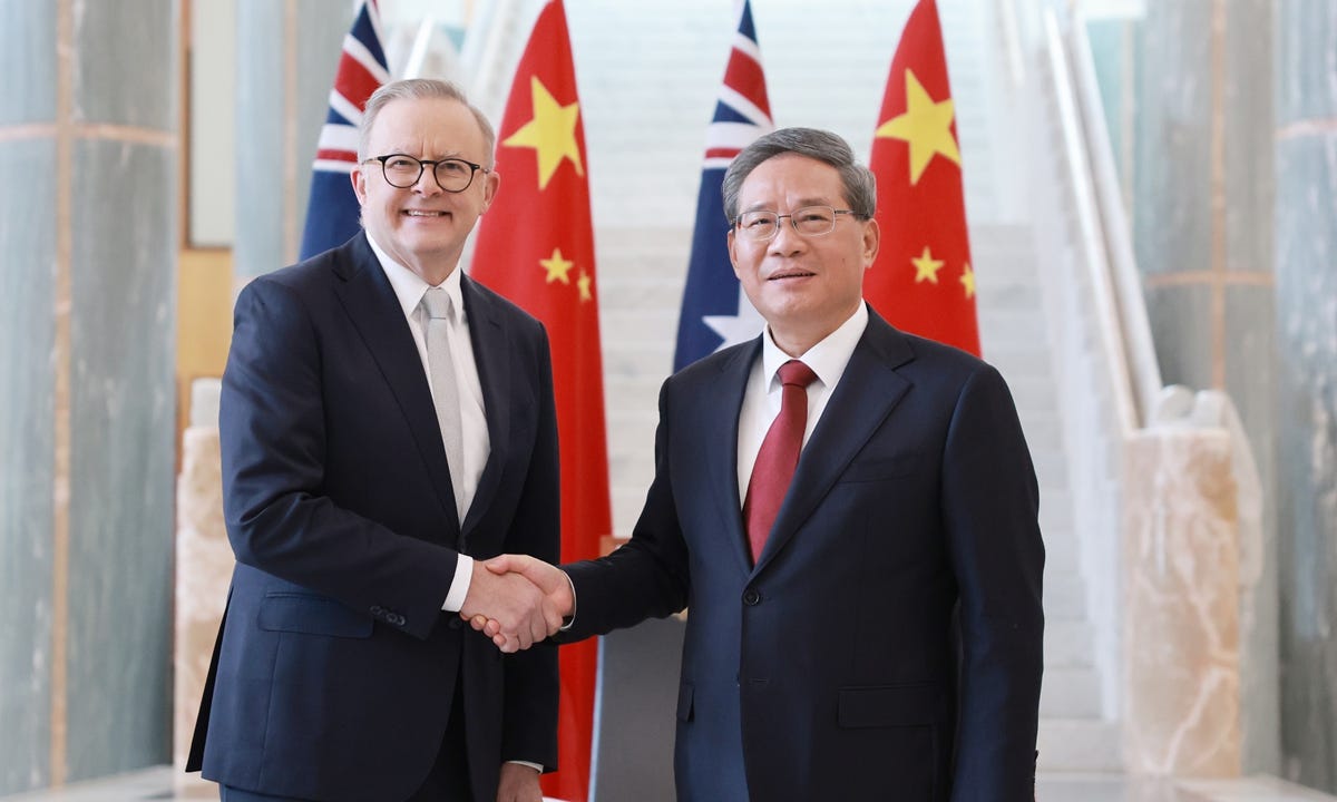 Chinese Premier Li Qiang and Australian Prime Minister Anthony Albanese shake hands at the ninth China-Australia Annual Leaders' Meeting in Canberra, Australia, on June 17, 2024. Photo: Xinhua