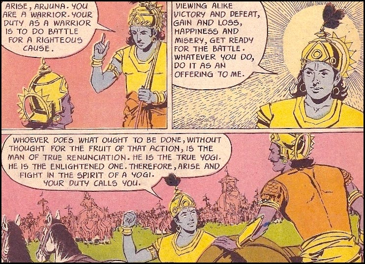 Vintage Bhagavaf Gita comic book with Arjuna and Krishna