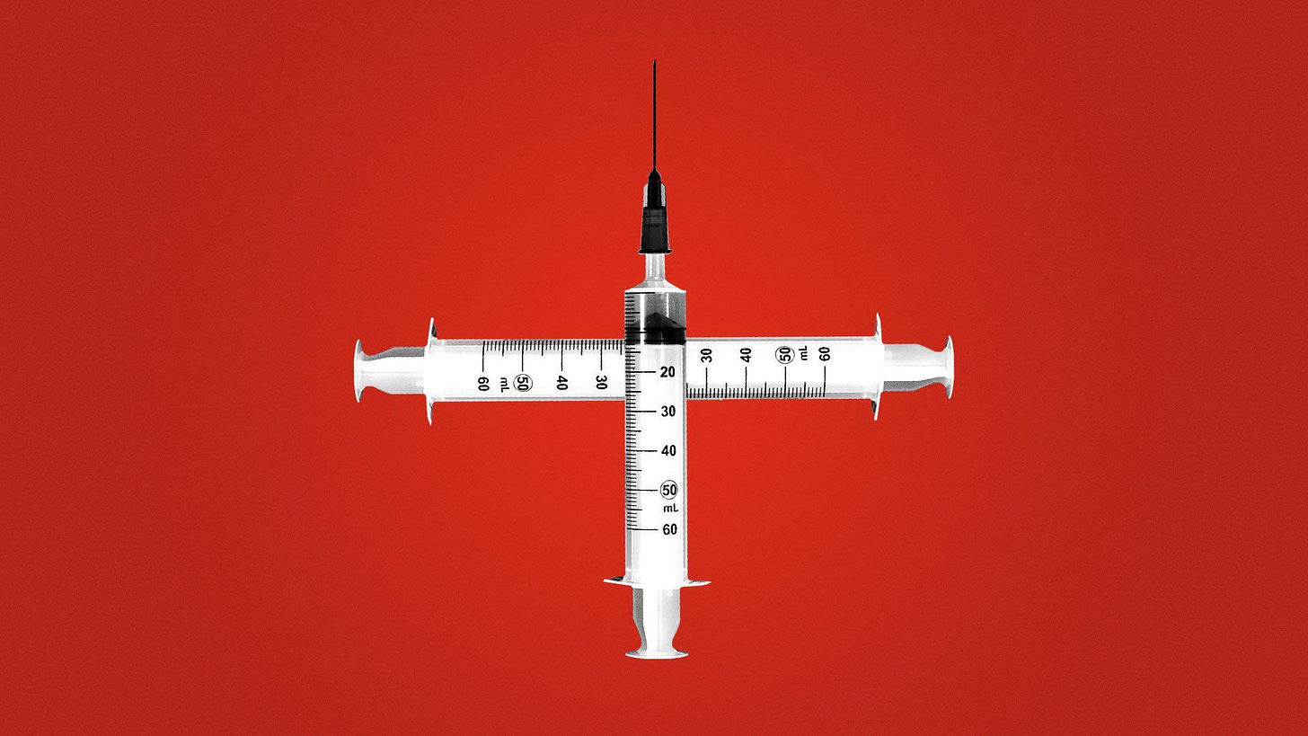 Illustration of syringes forming a health plus/cross