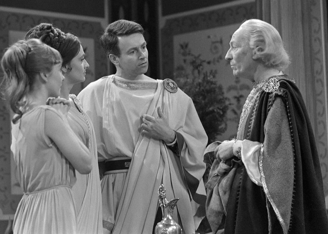 The four Doctor Who regulars in The Romans (1965), in a publicity shot from episode one as there aren't any for episode four.