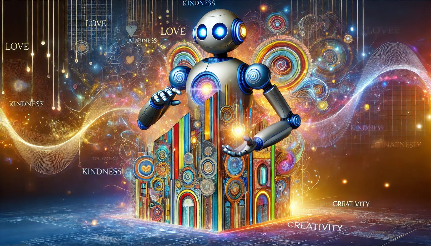 A friendly and futuristic robot designed to appear warm and approachable, surrounded by glowing, colorful words and phrases that it is transforming into a vibrant and imaginative building. The building features flowing lines, colorful lights, and intricate patterns representing words like 'love,' 'kindness,' and 'creativity.' The robot is sleek and metallic with expressive, glowing eyes and gentle hands shaping the structure. The background is an abstract futuristic cityscape, blending nature and technology in harmony. Rendered in a detailed and vibrant 8:5 aspect ratio.