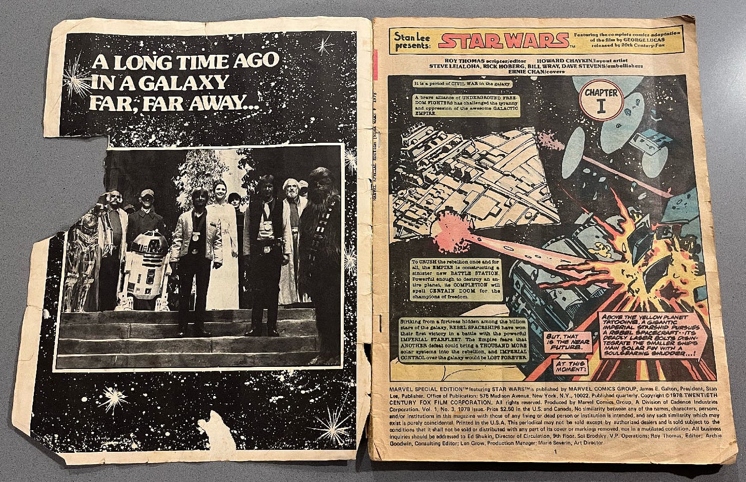 Photo of the inside front cover and page one of my copy of Marvel Special Edition Featuring Star Wars issue no. 3