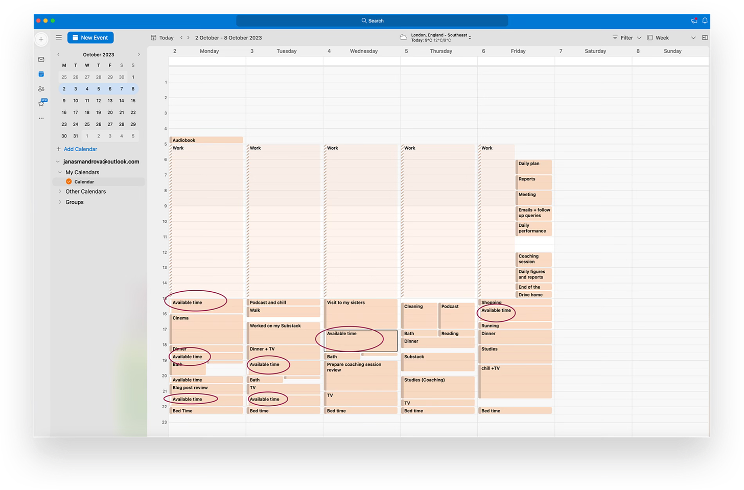 Weekly view on the outlook calendar demonstrating a Time audit