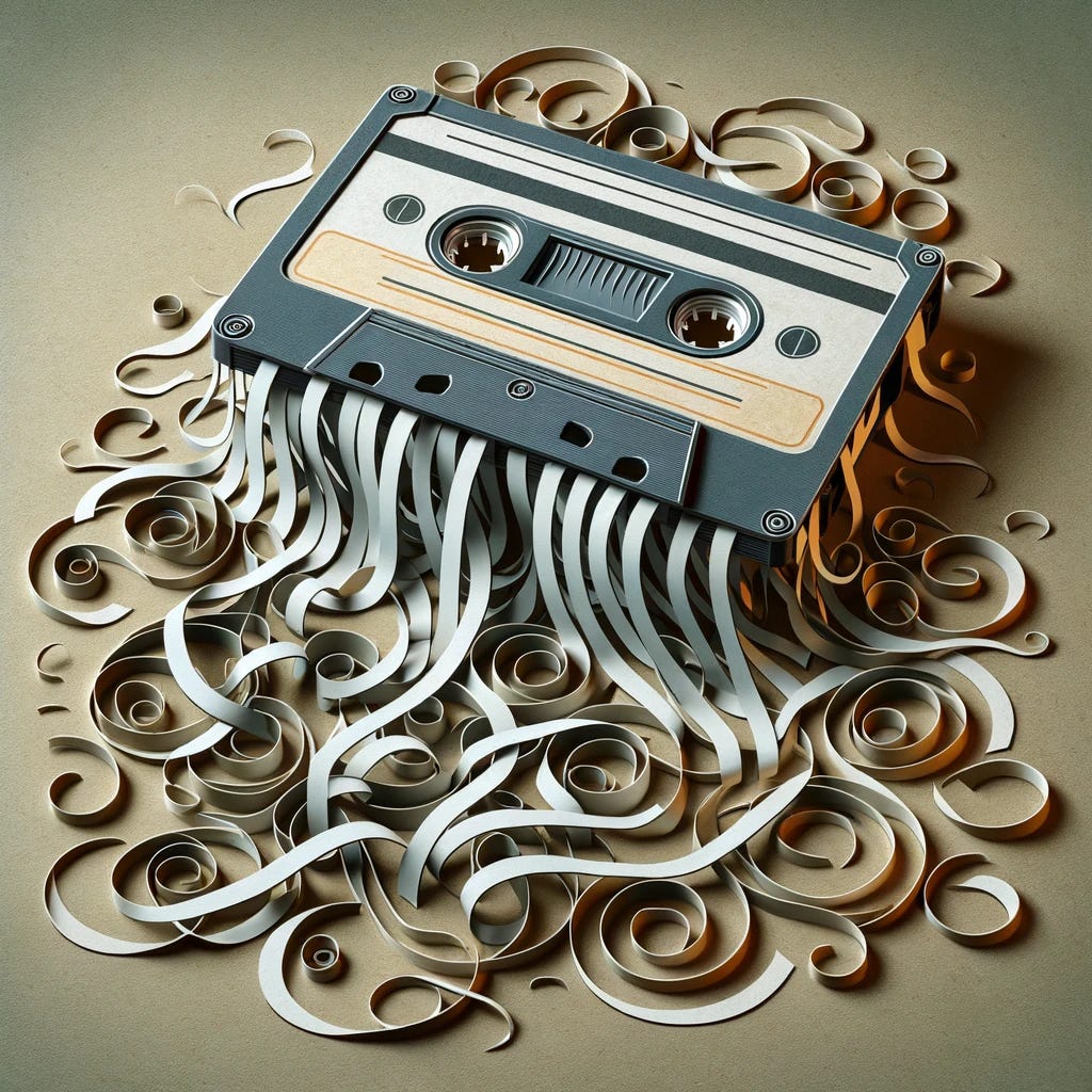 Create a cutaway illustration in the same aesthetic as the provided image, depicting a vintage mixtape unraveling onto the floor. The artwork should show the cassette with its magnetic tape spilling out, winding across the floor in intricate loops and curls. The surrounding should include the same muted color palette and paper cutout texture, with the tape's unraveling motion adding a dynamic feel to the composition.