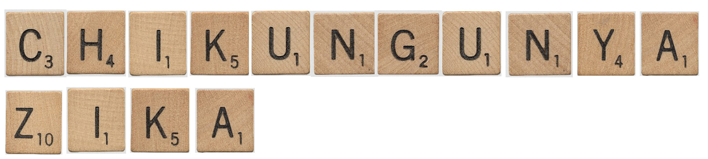 The words Chikungunya and Zika, presented as Scrabble tiles, letter by letter.