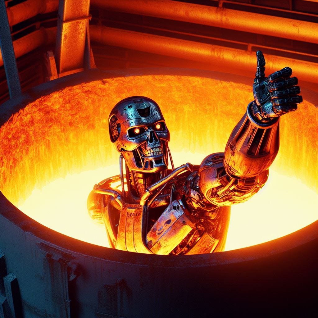 T800 lowering into molten metal vat giving a thumbs up on the way down