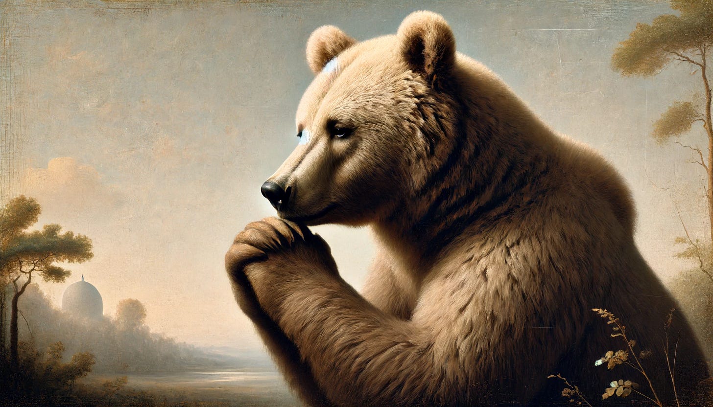 A penitent bear in a contemplative pose, depicted in the style of the old masters. The bear is shown in a natural setting with soft, muted colors and detailed textures, reminiscent of classical paintings. The bear's expression is solemn and introspective, with its paws gently clasped. The background features a serene landscape with gentle light, creating a timeless and poignant atmosphere.