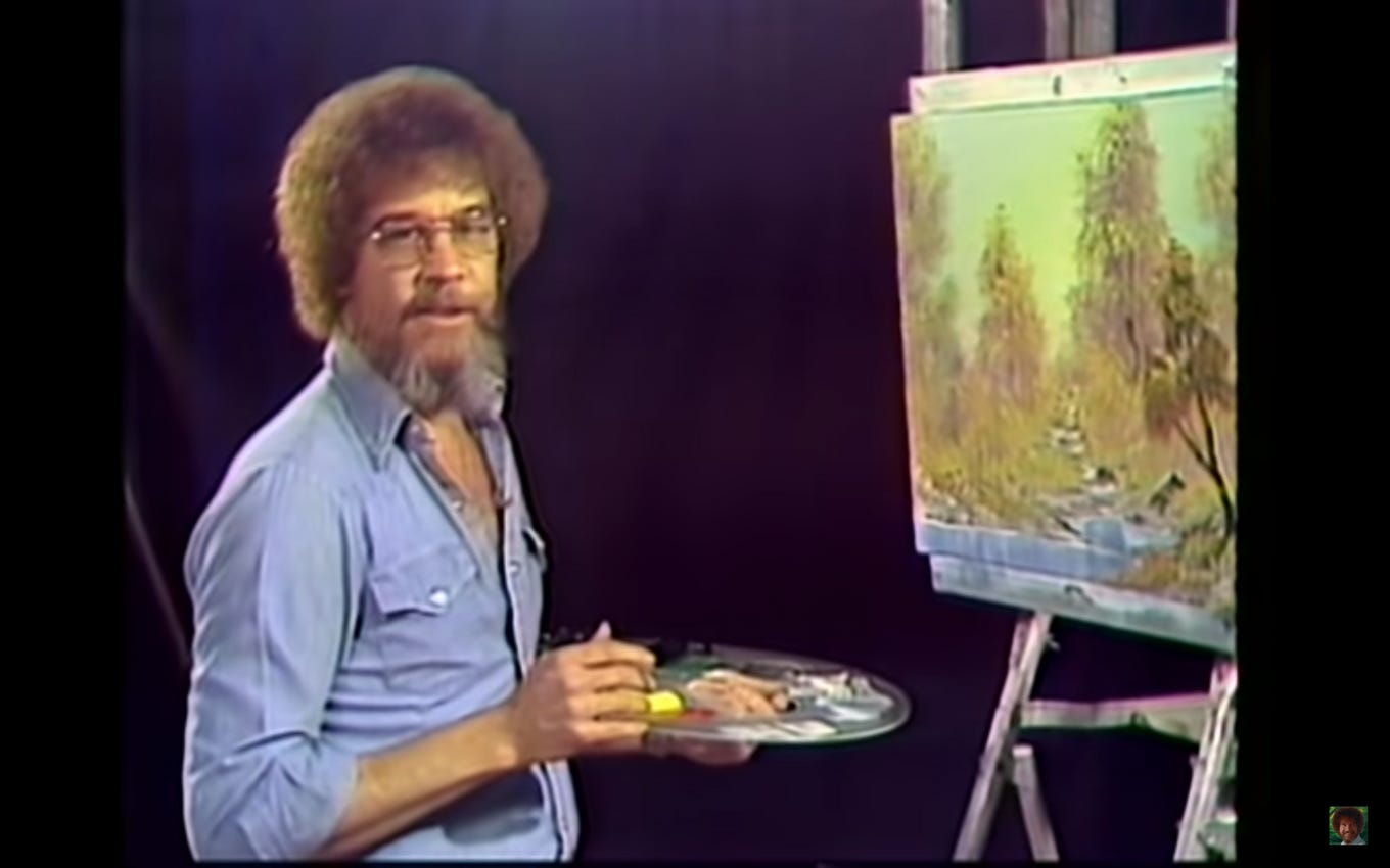Bob Ross talks to his audience about “A Walk in the Woods,” the first painting he created for his famous PBS TV series. (Bob Ross Inc.)