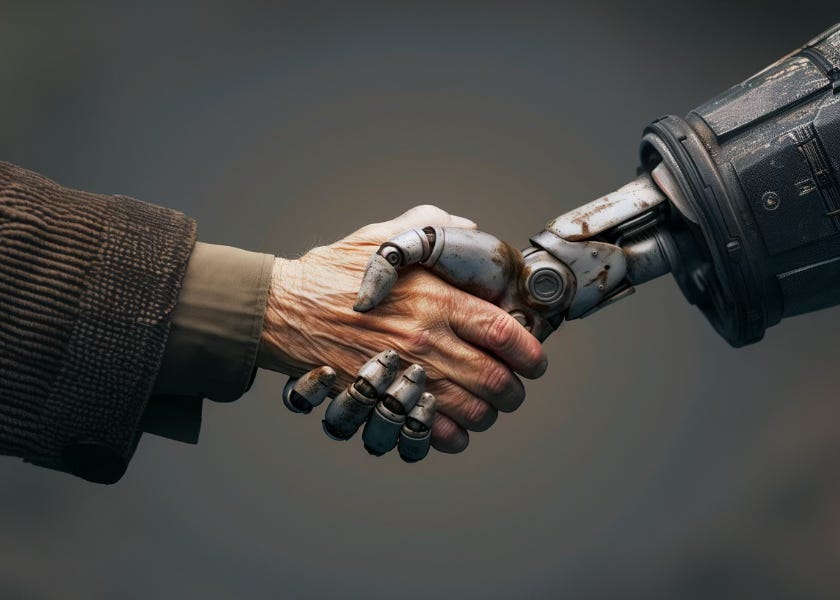 Older person's hand shaking hands with a robot hand