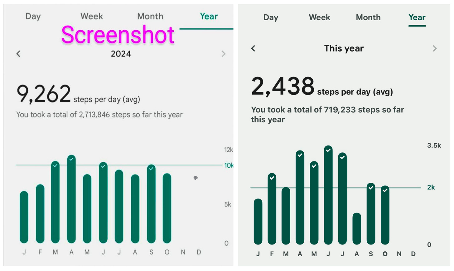 Jess's friend's image shows she took 9262 steps per day on average whereas Jess's image on the right shows she took 2400 steps per day on average.