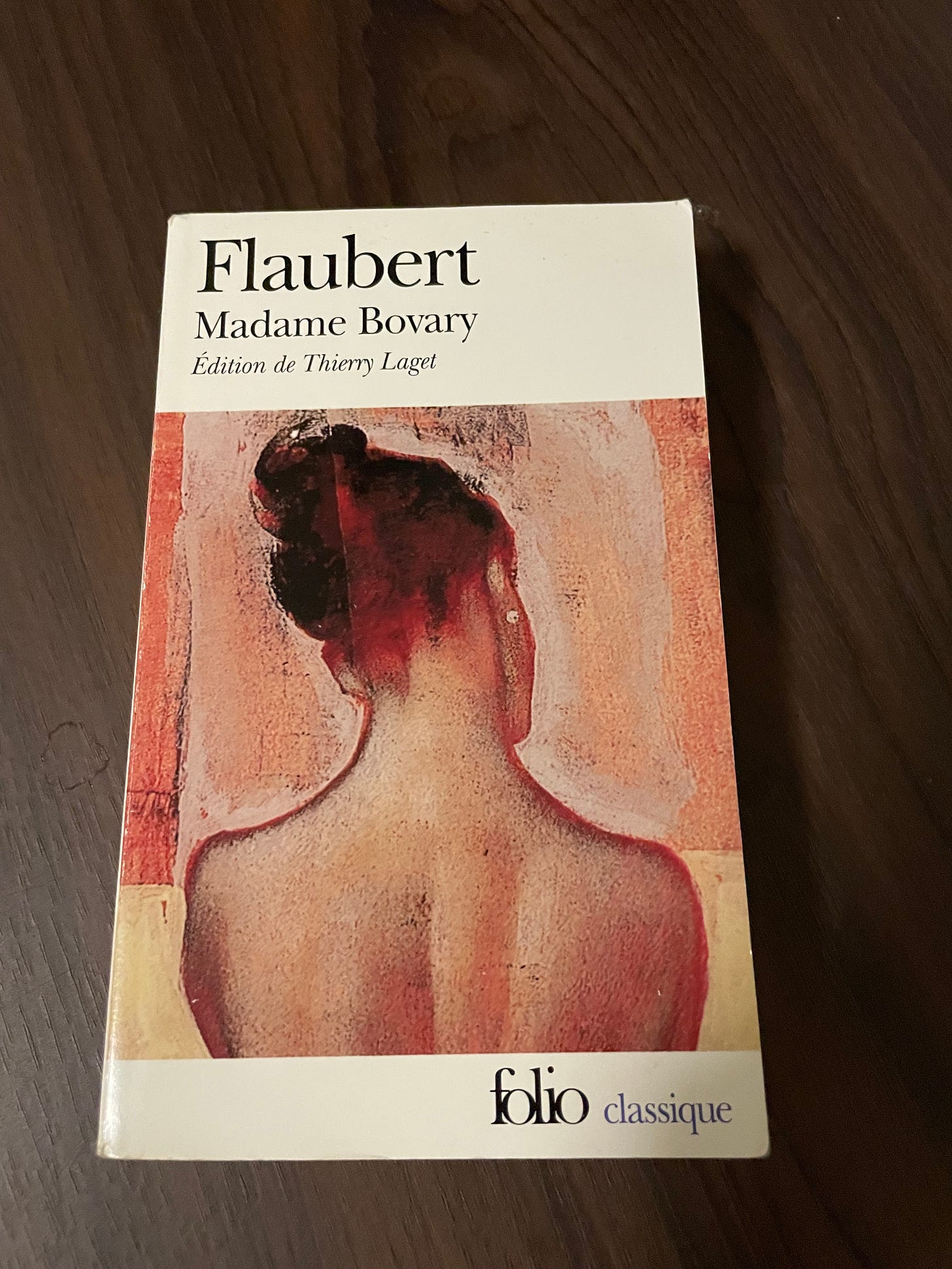 A woman's bare back with a high updo against a pale pink background. Flaubert, Madame Bovary, Edition de Theirry Laget and Folio classique are all printed on the cover in black. 