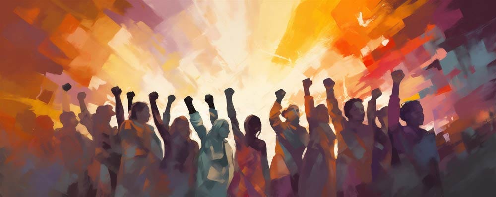 Colorful illustration of protest crowd cheering in solidarity.