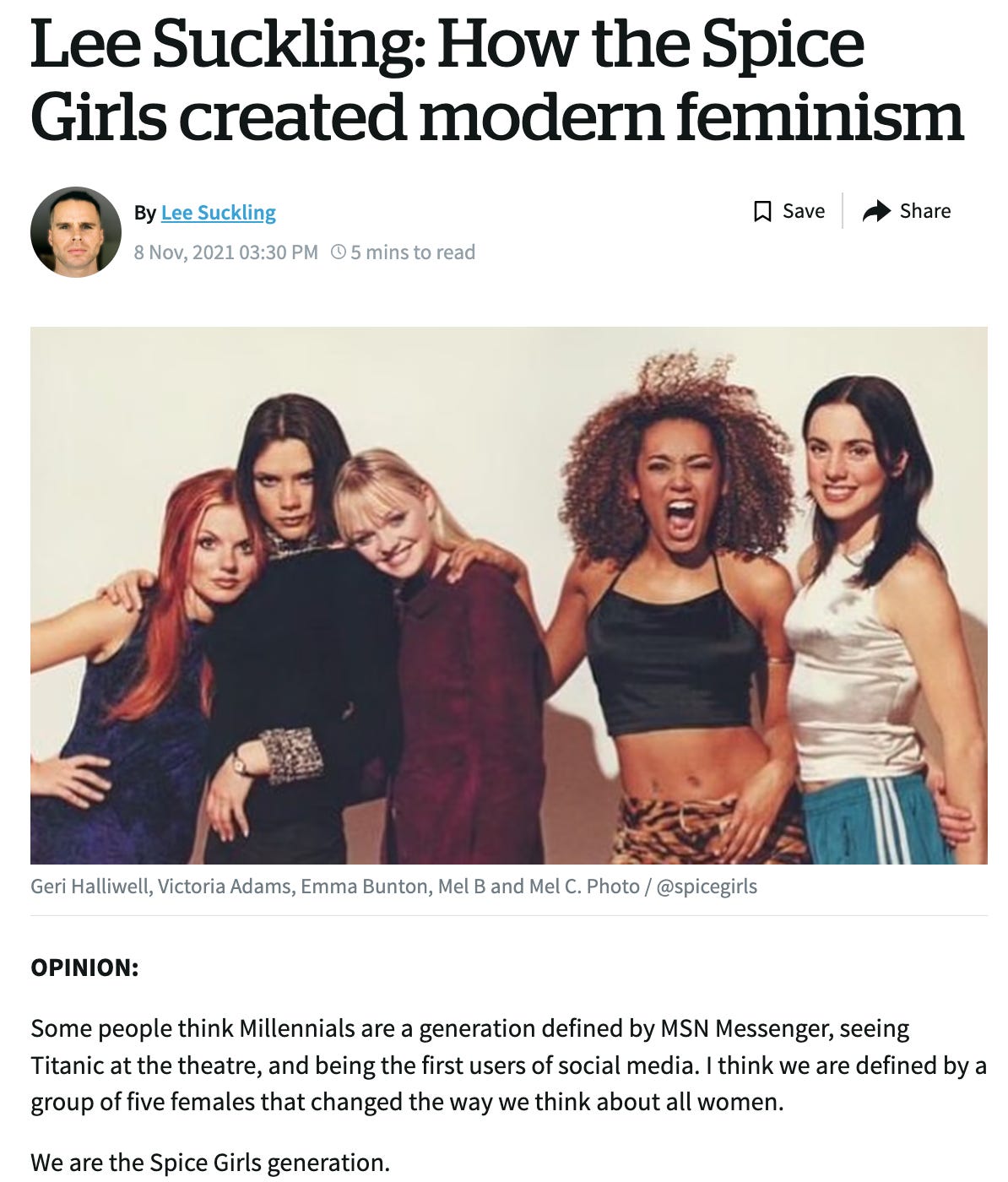 Screenshot of an opinion article called "How the Spice Girls Created Modern Feminism"